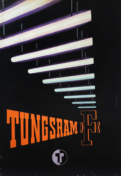 Pal Gabor - Tungsram F fluorescent tubes 1953 Hungarian export advertising poster 