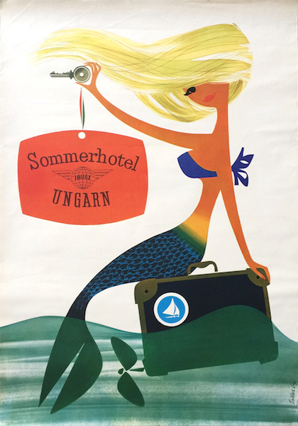 Gyozo Szilas - Summer Hotel Lake Balaton 1965 Hungarian vintage travel poster mermaid