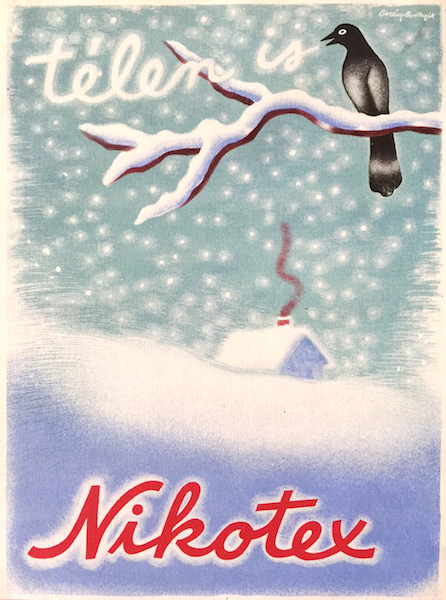 Robert Bereny - Sandor Bortnyik - Also during winter - Nikotex cigars and cigarettes 1934 vintage Hungarian Modernist advertising Avant-garde tram poster