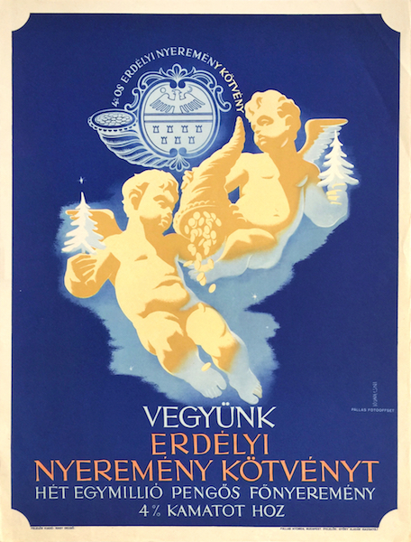 Gyorgy Konecsni - Buy Transylvania Prize Bonds - Seven 1 million pengos jackpot - 4% interest rate 1941 vintage Hungarian advertising poster