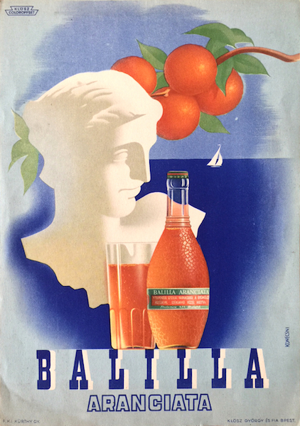 Gyorgy Konecsni - Balilla Aranciata orange soda 1940 vintage Hungarian advertising tram poster