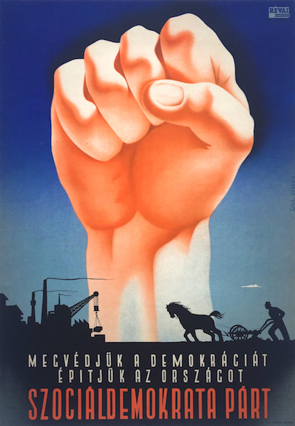 Gyozo Szilas - Laszlo Horvath - We protect democracy, we build the country - Social Democratic Party 1947 vintage Hungarian leftist political propaganda poster