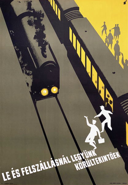 Be careful when getting on and off the train 1960s vintage Hungarian travel safety propaganda poster