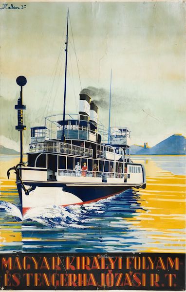 Hungarian Royal River and Sea Shipping Company 1930s vintage poster maquette painted artwork