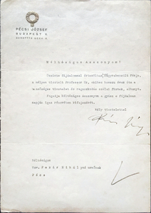 Letter written by Jozsef Pecsi